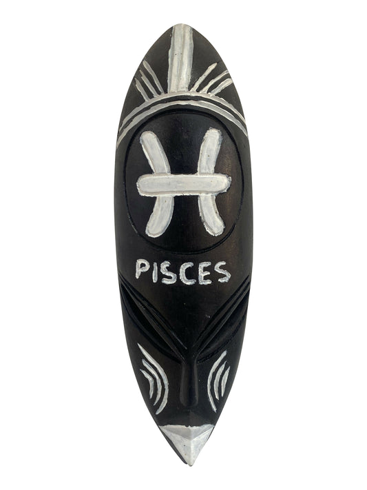 Fische Sternzeichen-Maske – Spirituelle Wanddeko aus handgeschnitztem Thickwood | Schwarz-Silber, 37 cm