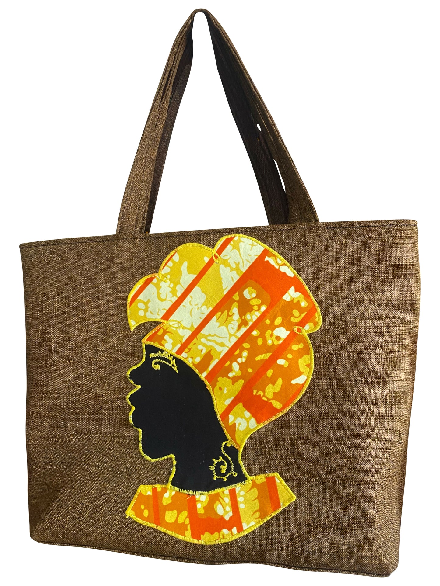 African Cotton Bag mit Seitenprofil-Applikation Handgefertigte Statement-Tasche in Braun, Gelb und Orange