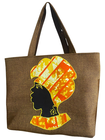 African Cotton Bag mit Seitenprofil-Applikation Handgefertigte Statement-Tasche in Braun, Gelb und Orange