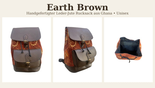„Sahara Brown“ Unisex Rucksack aus echtem Leder und Jute Ghana Handmade