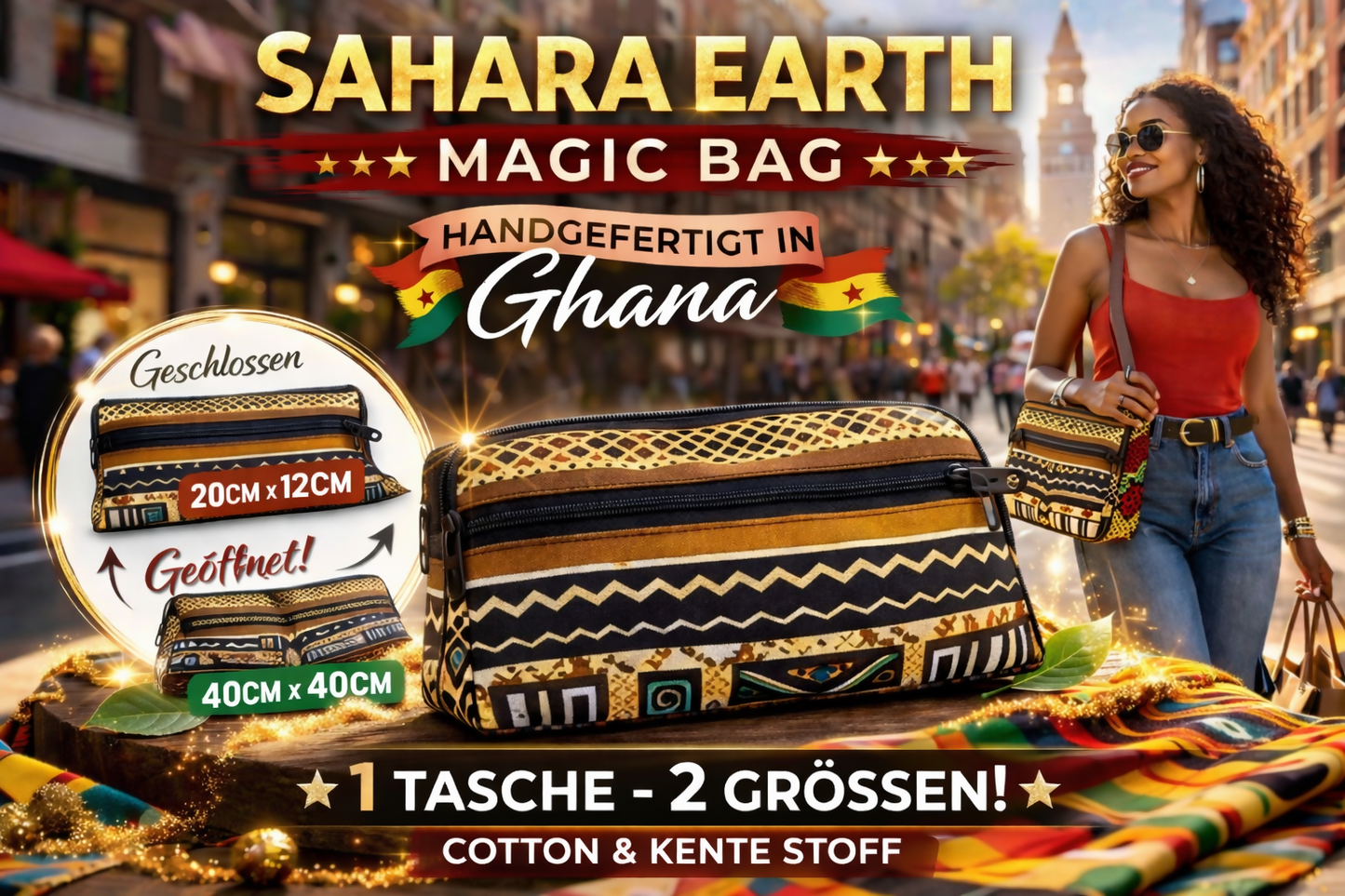 SAHARA EARTH MAGIC BAG Verwandlungs Mini Tasche aus Cotton und Kente