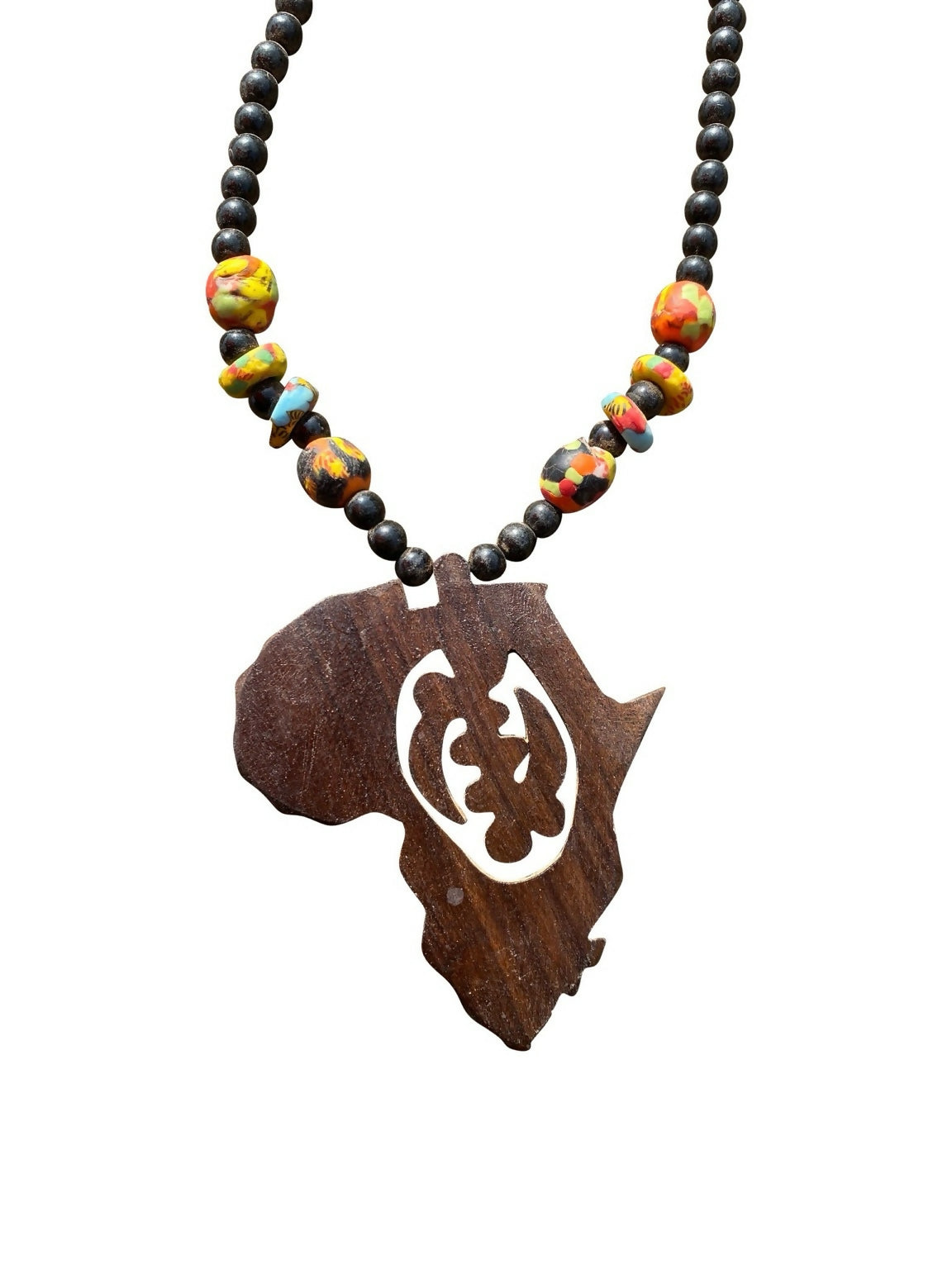 "Gye Nyame Africa Pendant" Handmade wooden bead necklace from Ghana