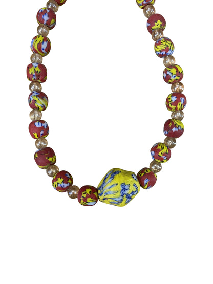 Krobo-Perlen Duo Edle Kette & Ohrstecker mit leuchtendem Mittelstein