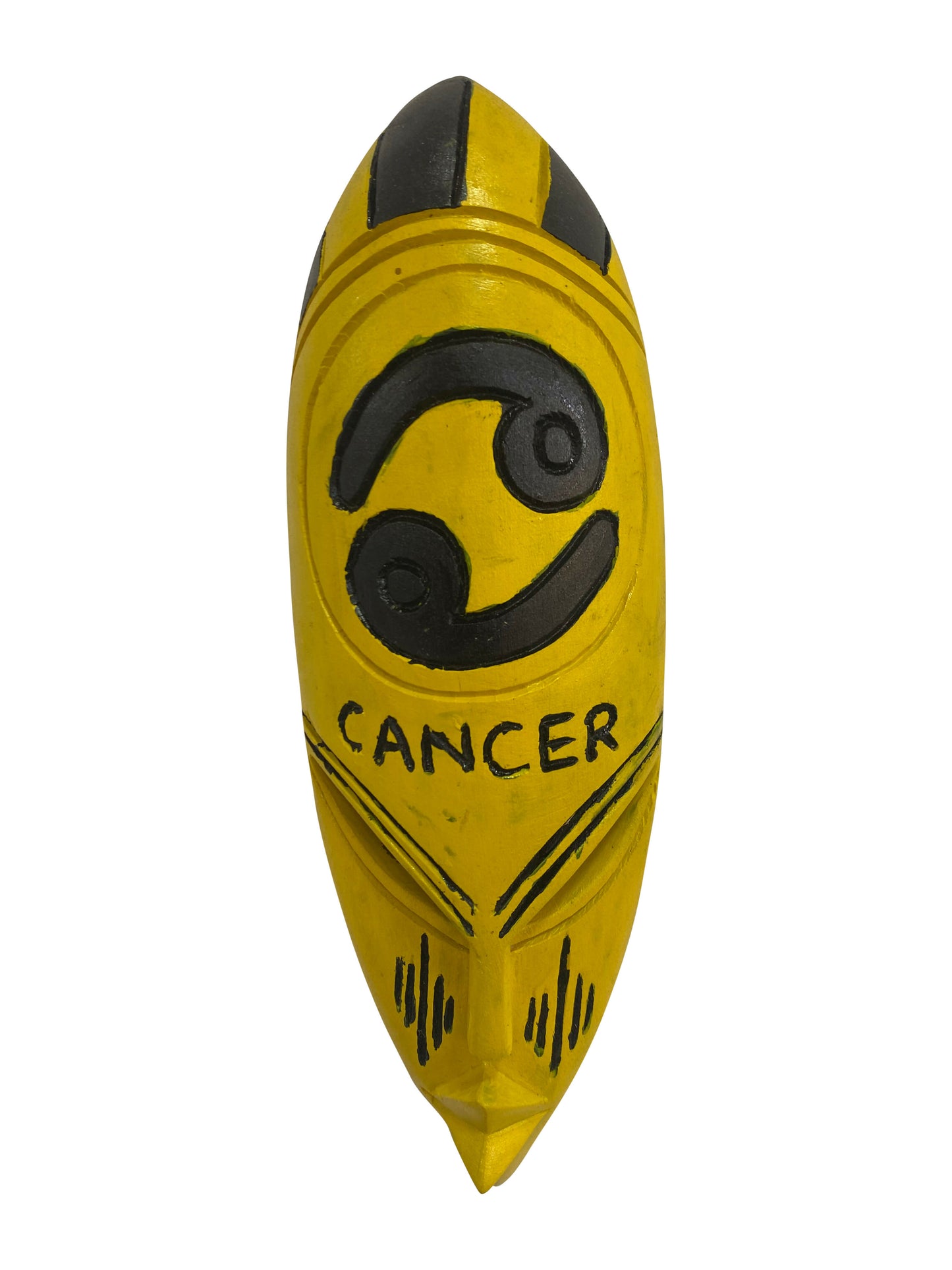 Krebs Sternzeichen-Maske – Strahlende Holzkunst in Gelb & Schwarz | Handgeschnitzt aus Thickwood (37 cm)