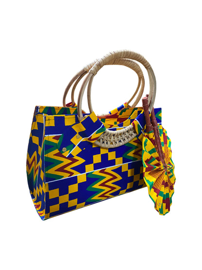 Kente Royal Set – Handgefertigte Damentasche mit passendem Fächer | Baumwolle & Leder | 35 x 33 x 15 cm | Made in Ghana