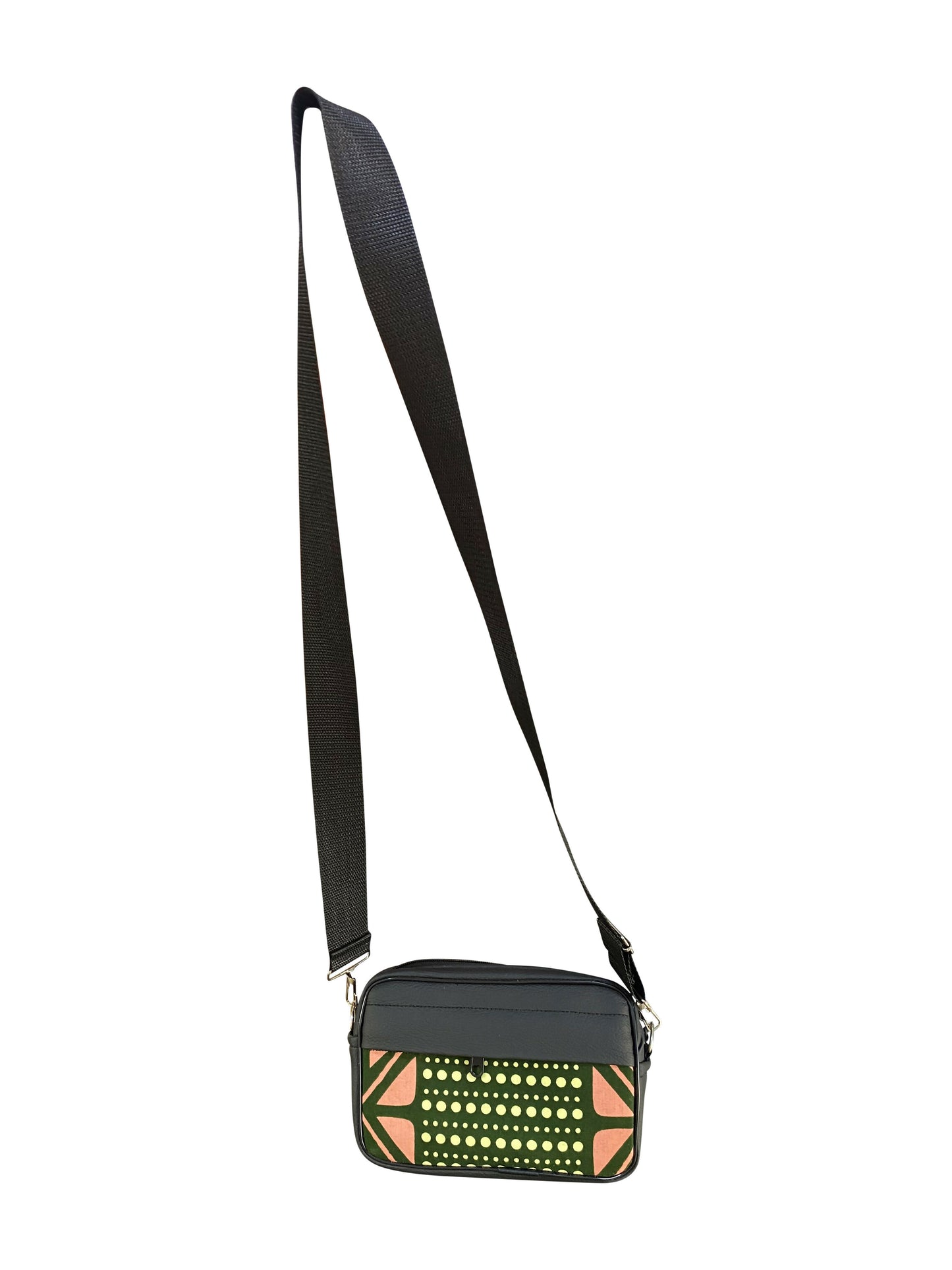 Handgefertigte Crossbody-Tasche aus Ghana Afro Muster in Grün & Terrakotta Leder & Baumwolle Unisex Schultertasche 22×14×8 cm