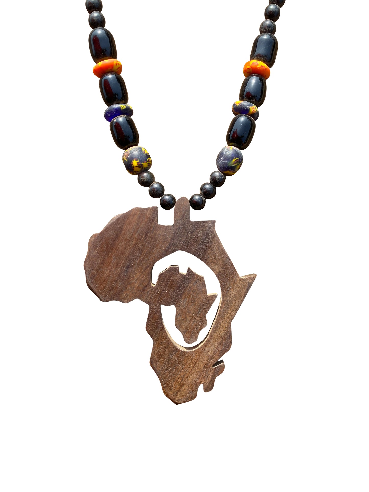 "Africa Outline Pendant" Handmade wooden bead necklace from Ghana