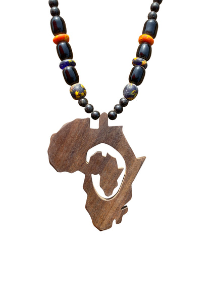 "Africa Outline Pendant" Handmade wooden bead necklace from Ghana