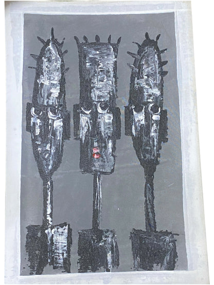 Voices of the Ancestors/ Masken der Erinnerung Hüter des Wissens Handgemalte Acrylkunst aus Ghana (50 × 69 cm)