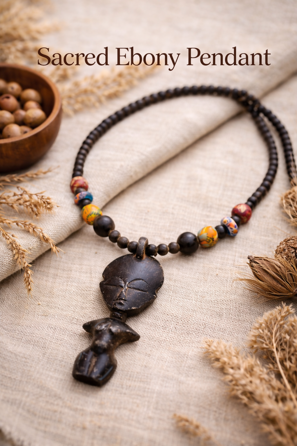 "Sacred Ebony Pendant" Handmade wooden bead necklace from Ghana 