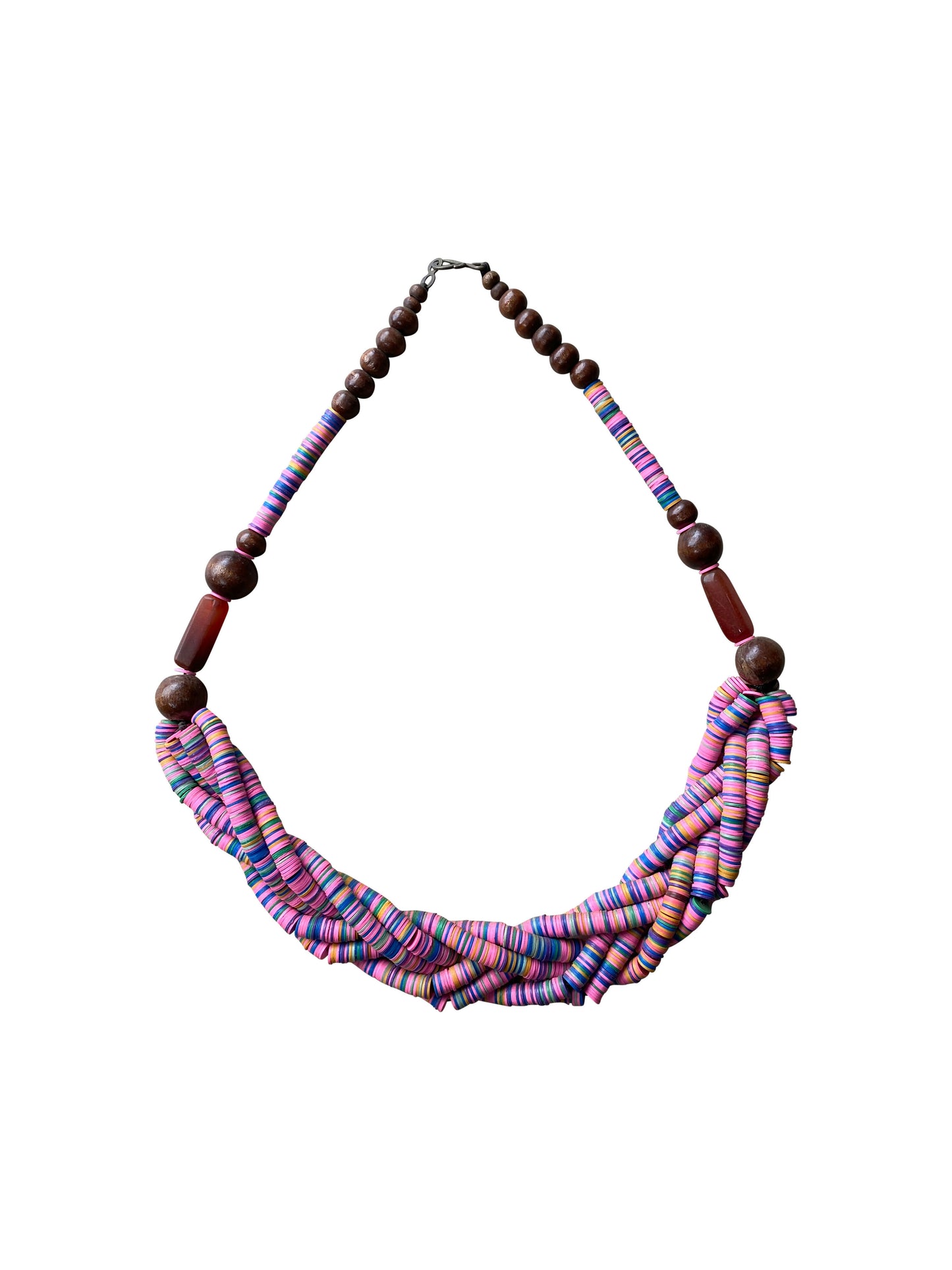 Vibrant necklace with recycled glass beads and African wood
