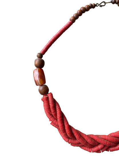 Artistic necklace made from recycled glass and Osese wood