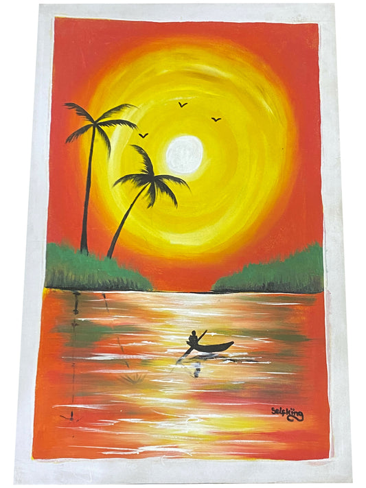"Solitary Crossing/ Allein auf dem Wasser" Handgemaltes Acrylbild aus Ghana (50 × 69 cm)