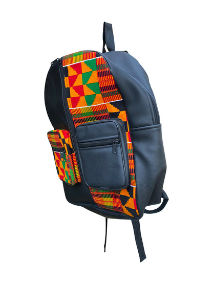 Sac à dos Urban Roots – Motif Kente ghanéen en cuir et coton | 40 x 40 x 20 cm