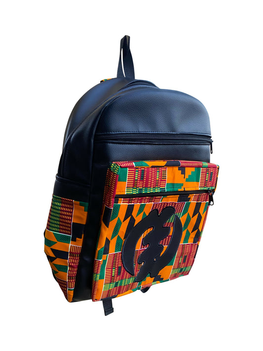 Fashion Adinkra Heritage Rucksack – Handgefertigt aus Leder & Baumwolle | 40 x 40 x 20 cm | Symbol der Stärke und Einheit
