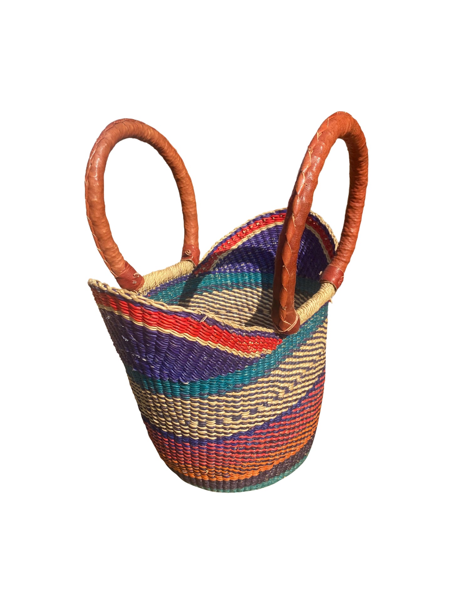 Savanna Glow“– Bunter Korb aus Elefantengras & Ziegenleder echte Handarbeit (33×30×15 cm)