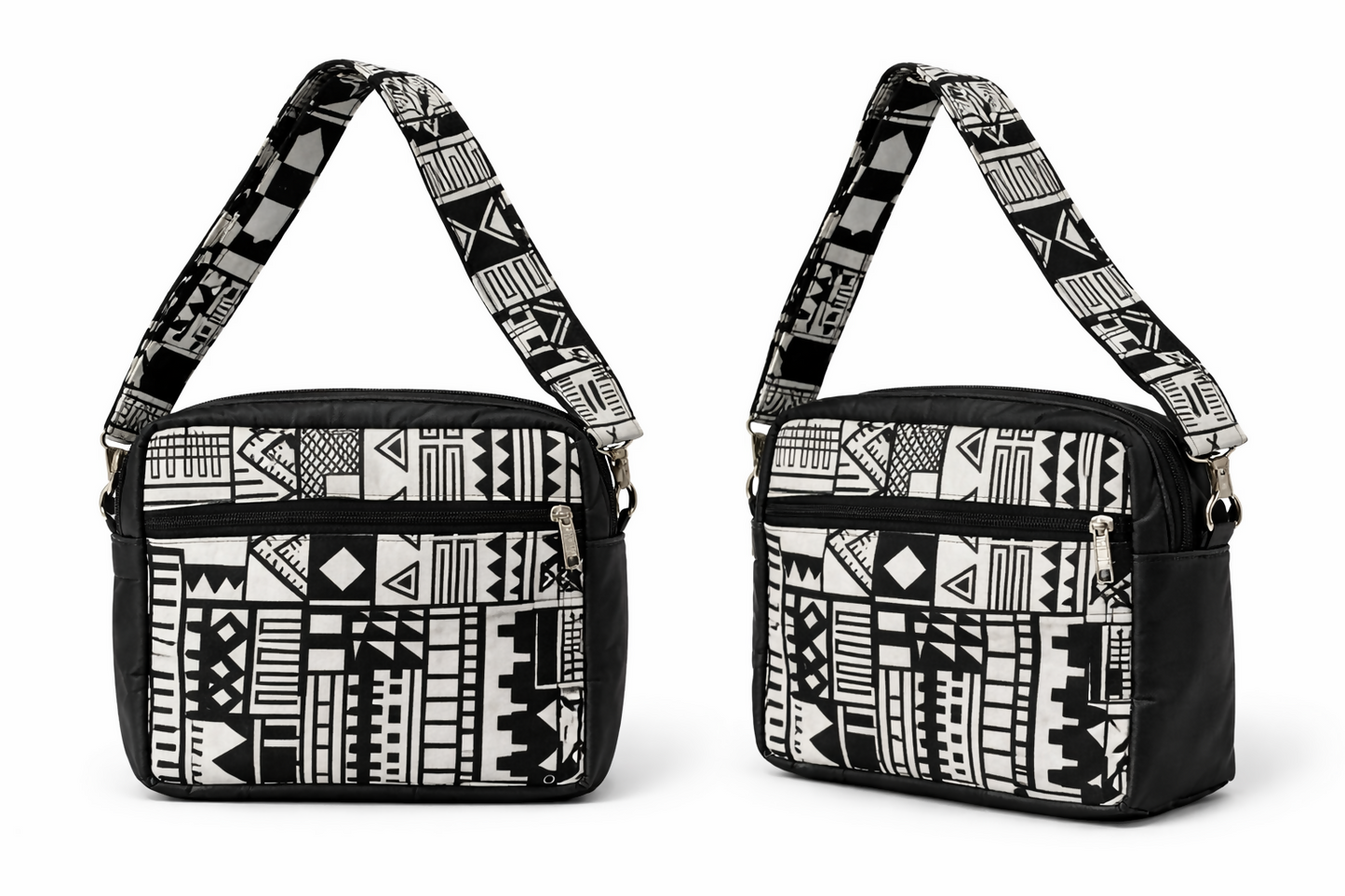 Violet Roots Noir Handgefertigte Umhängetasche aus Ghana mit grafischem Muster (29 × 30 × 5 cm)