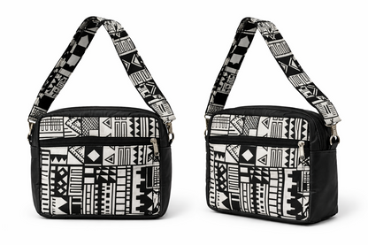 Violet Roots Noir Handgefertigte Umhängetasche aus Ghana mit grafischem Muster (29 × 30 × 5 cm)