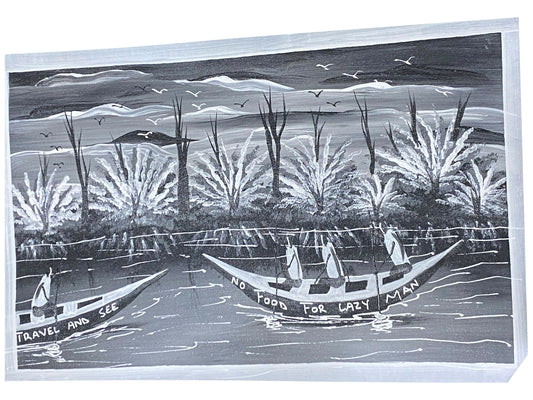 "No Food for Lazy Man/ Bewegung ist Leben" Handgemaltes Acrylbild aus Ghana (50 × 69 cm)