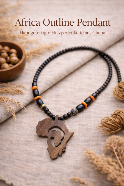 "Africa Outline Pendant" Handmade wooden bead necklace from Ghana