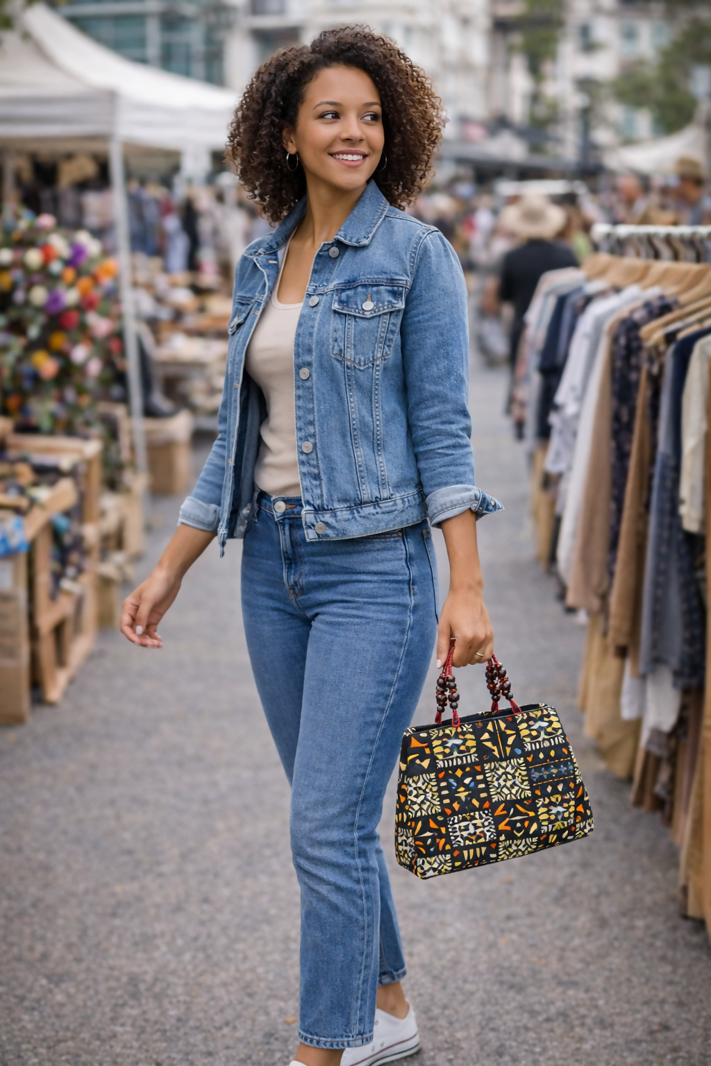 KENTE MOSAIC Handgefertigte Handtasche mit Ebonyholz-Perlen