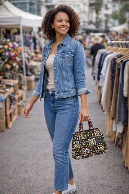 KENTE MOSAIC Handgefertigte Handtasche mit Ebonyholz-Perlen