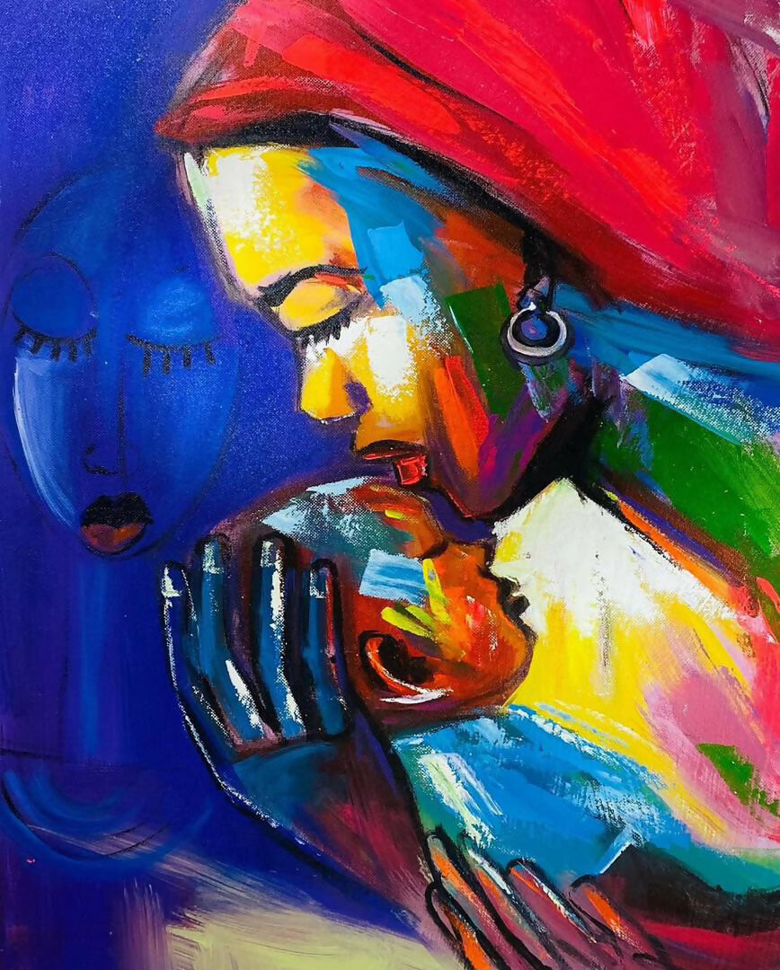 "Guardian of Love/ Mutter & Kind mit Schutzengel" Handgemalte Acrylkunst aus Ghana (50×69 cm)