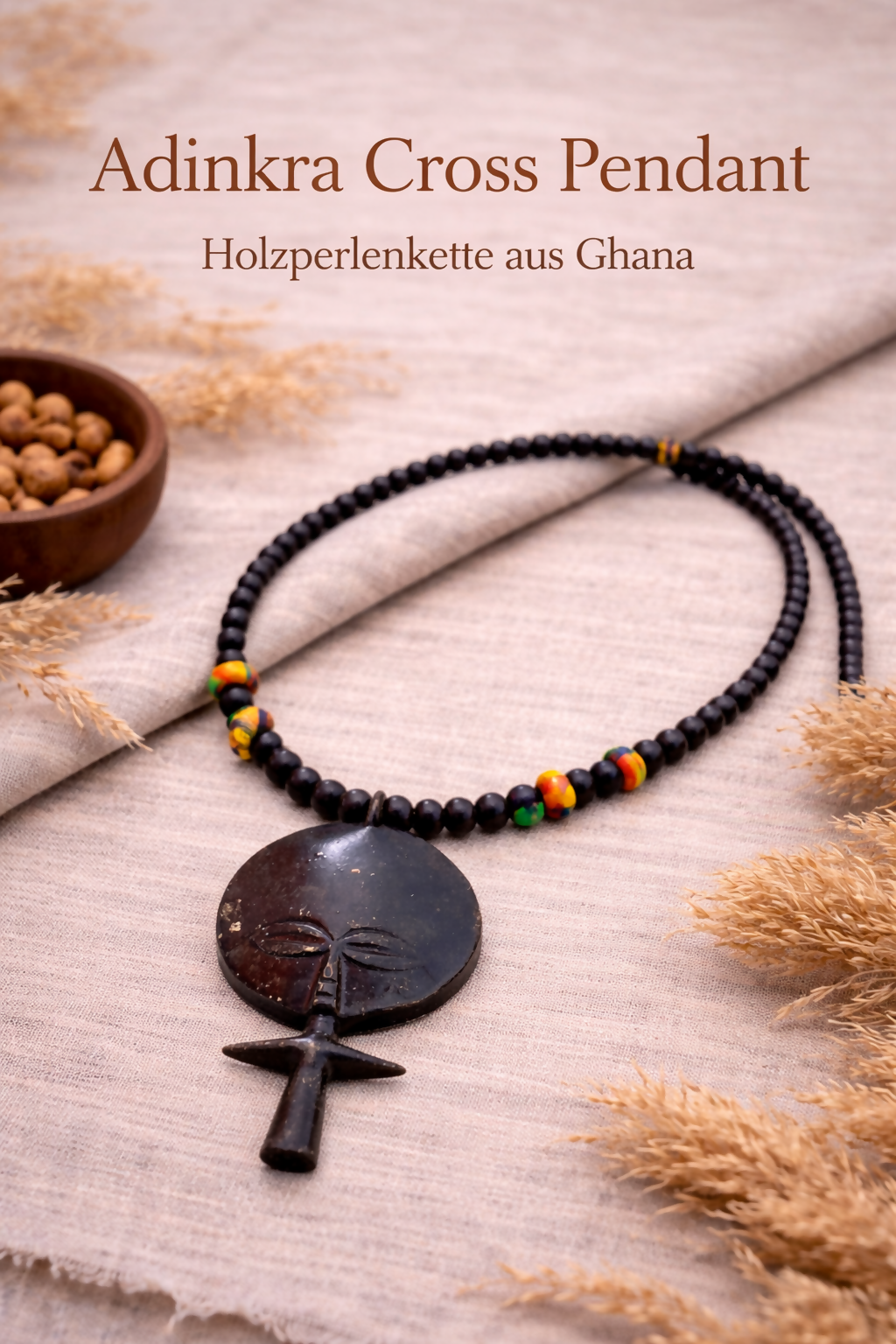 "Adinkra Cross Pendant" wooden bead necklace from Ghana