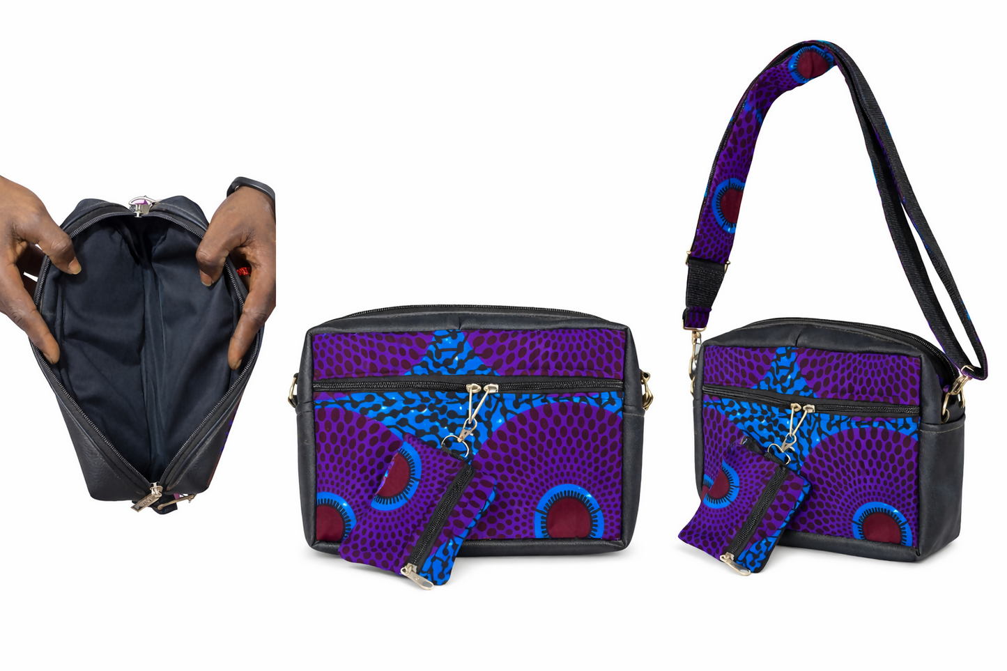 Violet Roots Handgefertigte Umhängetasche aus Ghana mit Mini-Tasche (29 × 20 × 5 cm)