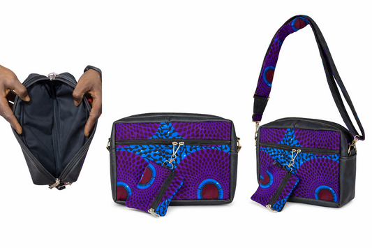 Violet Roots Handgefertigte Umhängetasche aus Ghana mit Mini-Tasche (29 × 20 × 5 cm)