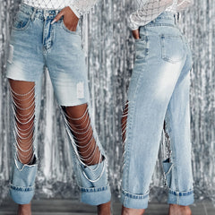 Big Ripped Jeans Pantalones rectos de mujer con adornos de cadenas