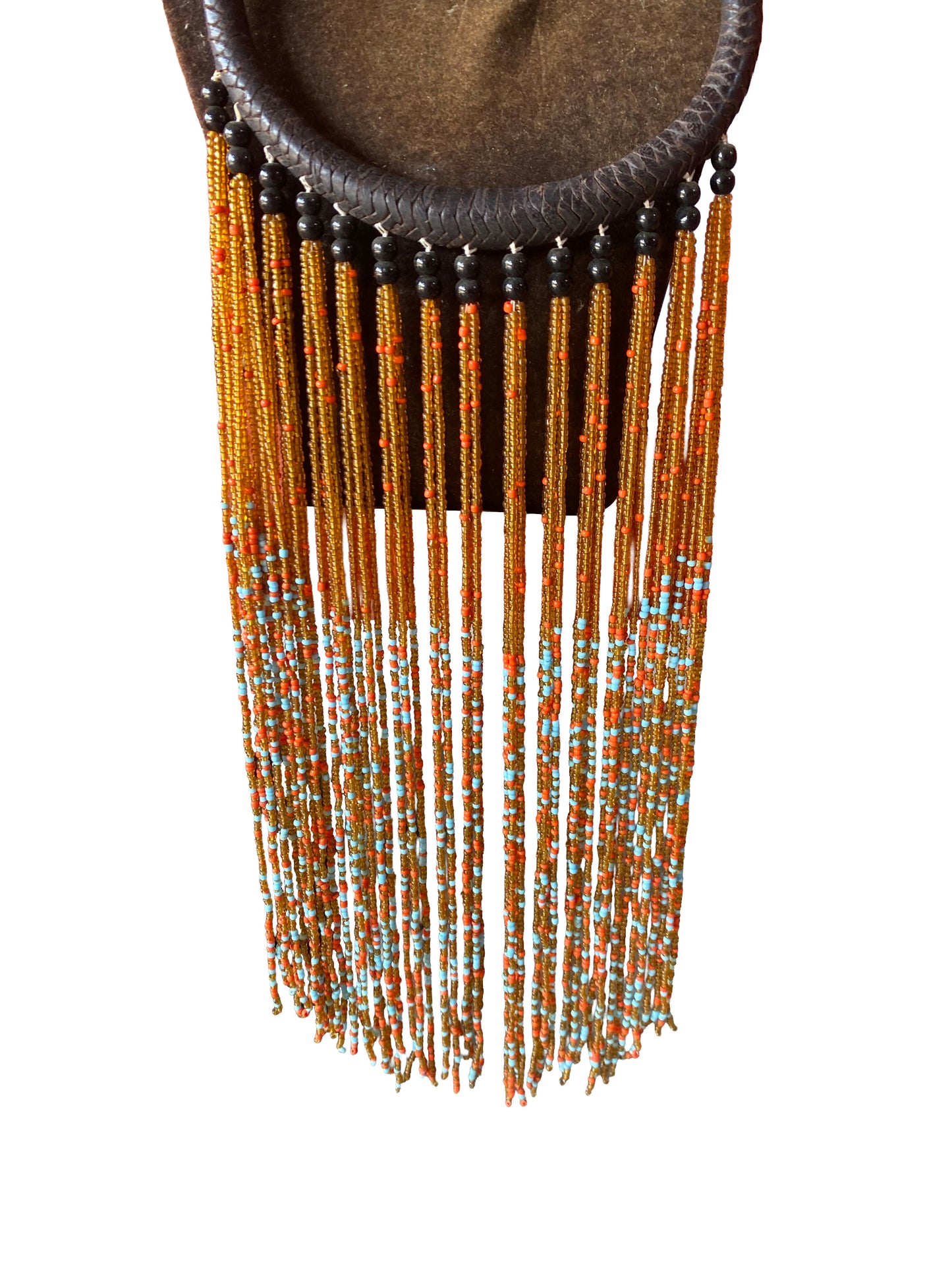Boho Statement-Halskette mit geflochtenem Leder und mehrfarbiger Perlenfranse
