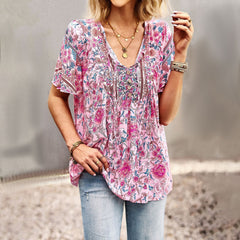 Top casual estampado de mujer con cuello y motivo floral