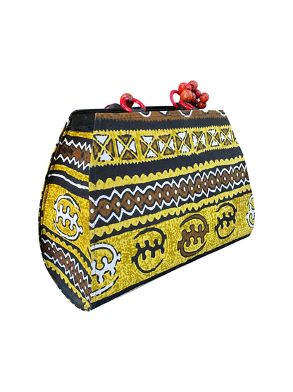 African Cotton Handbag with Ebony Wooden Beads. Handmade bag from Ghana with a traditional pattern.