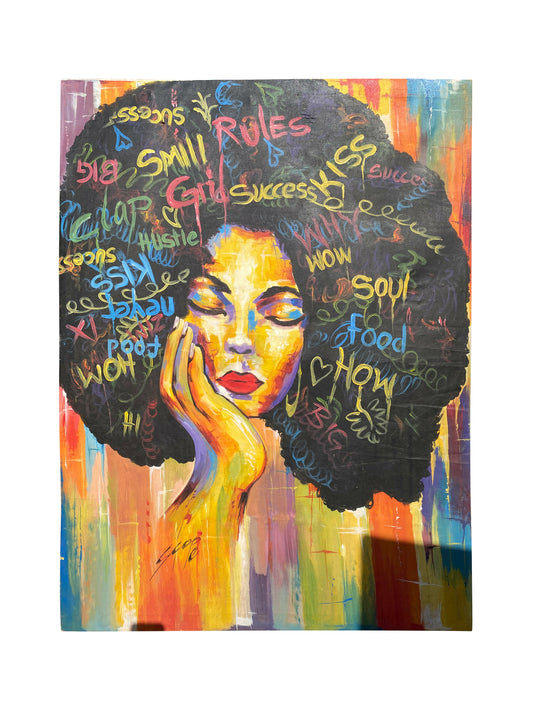 Power of Her Mind – Gedanken, Stärke & Ausdruck | Acryl auf Leinwand | 122 x 90 cm | Handgemalt in Ghana