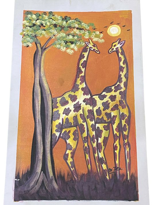 " Savanna Companions/ Giraffen im Abendlicht" Handgemalte Acrylkunst aus Ghana (50 × 69 cm)