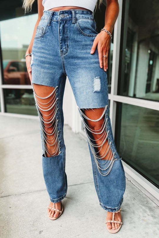 Big Ripped Jeans Pantalones rectos de mujer con adornos de cadenas