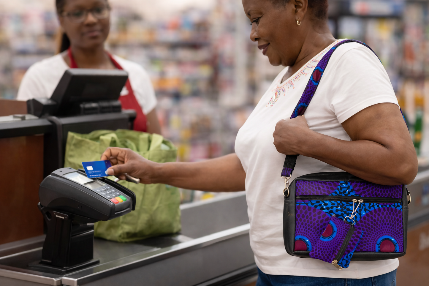 Violet Roots Handgefertigte Umhängetasche aus Ghana mit Mini-Tasche (29 × 20 × 5 cm)