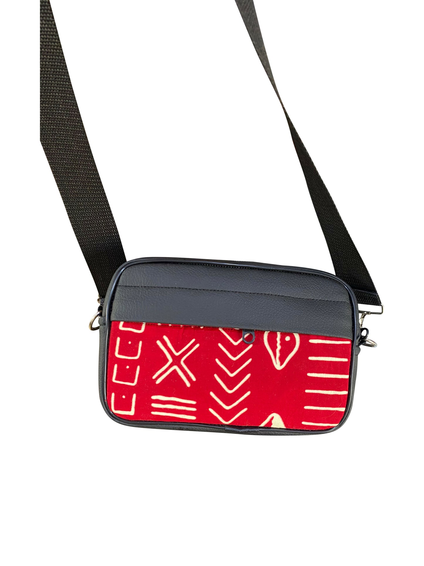Handgefertigte Crossbody-Tasche aus Ghana Afro Muster in Rot & Naturweiß Leder & Baumwolle Unisex Schultertasche 22×14×8 cm