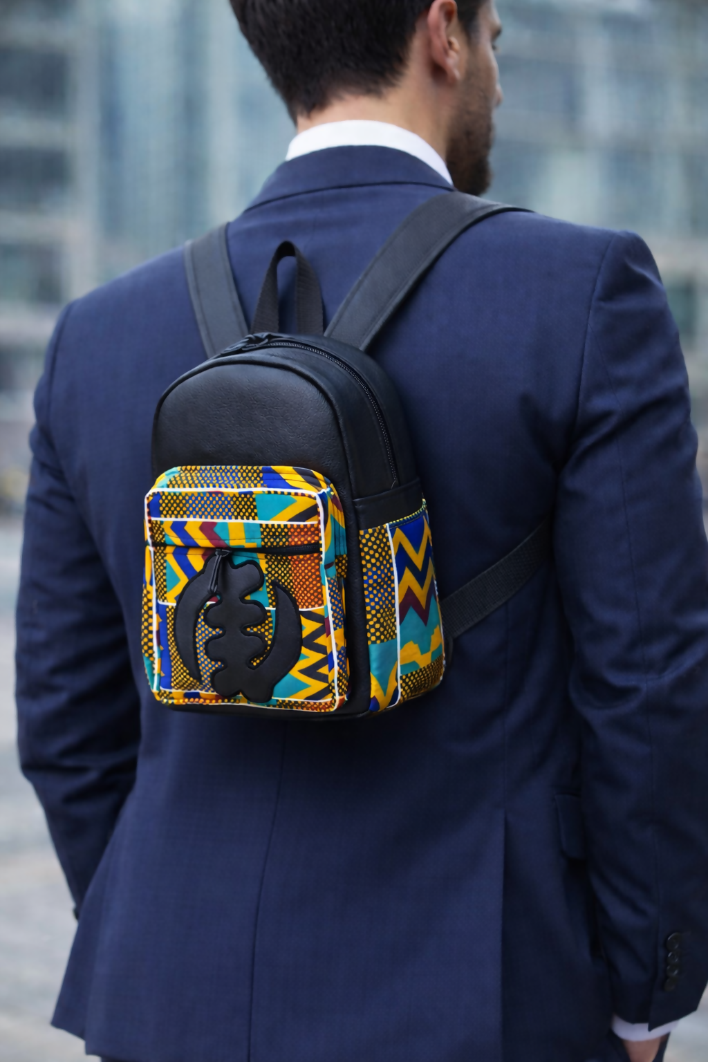 Adinkra Mini Rucksack Handgefertigt aus Leder & Cotton aus Ghana 35×22×25cm