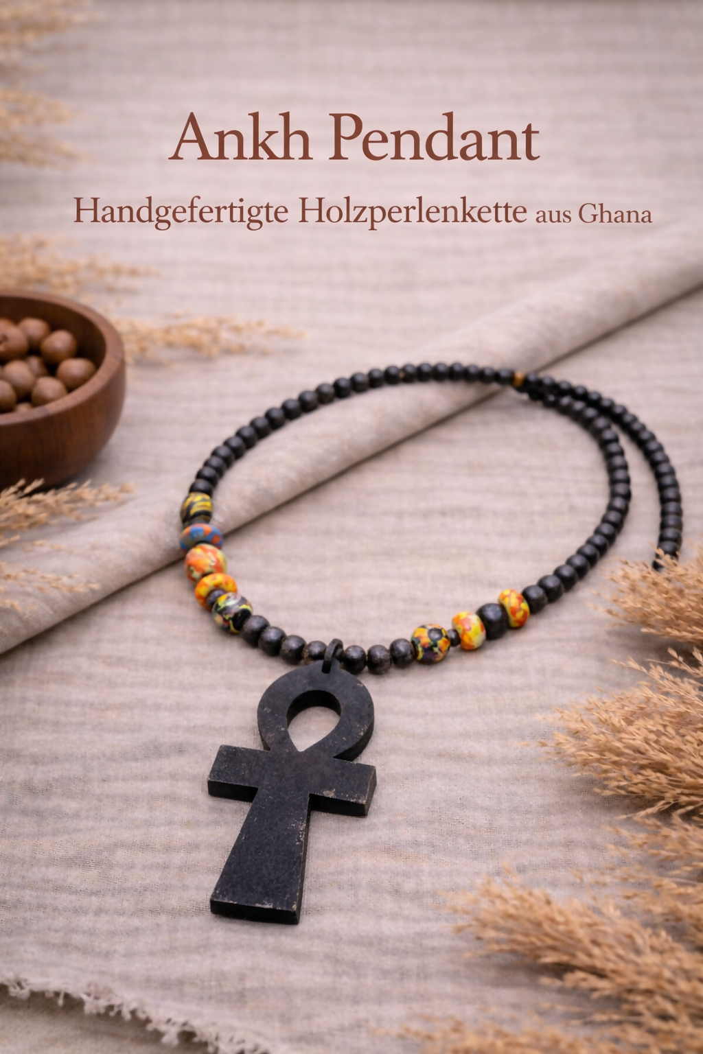 "Ankh Pendant" Handgefertigte Holzperlenkette aus Ghana