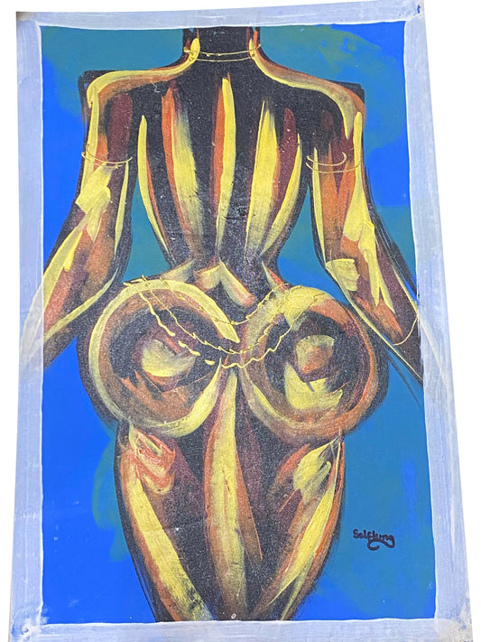 "Form and Presence/ Rückenansicht einer stehenden Frau" Handgemaltes Acrylbild aus Ghana (50 × 69 cm)