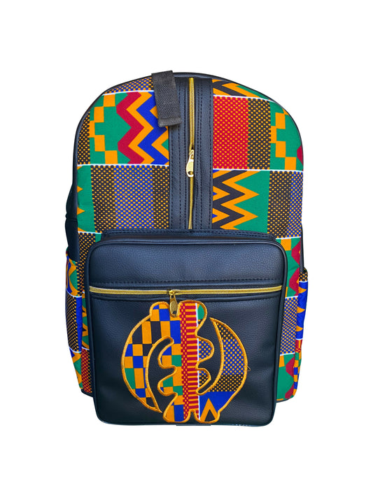Adinkra Heritage Rucksack – Schwarzes Leder & Bunte Kente-Details