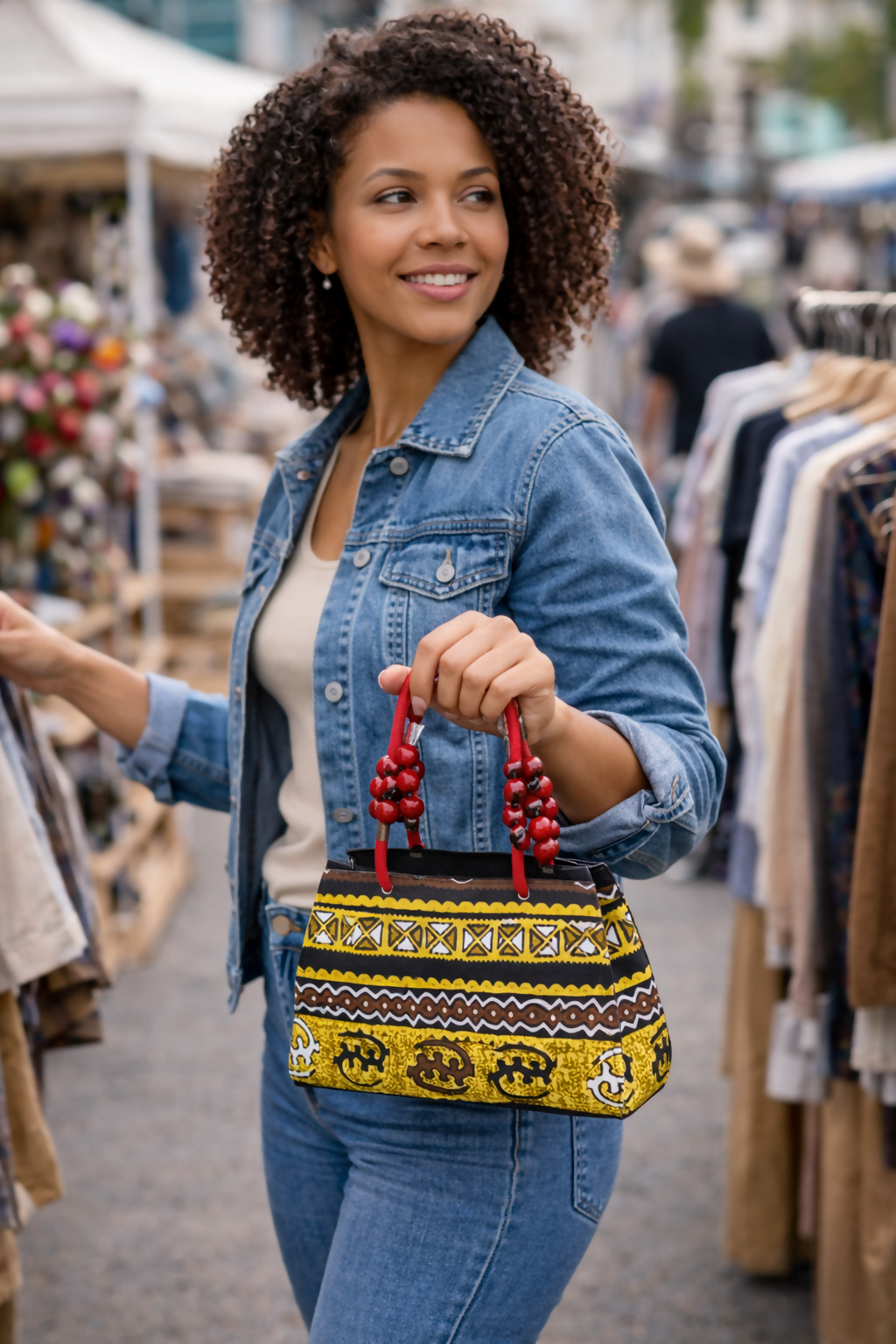 African Cotton Handbag with Ebony Wooden Beads. Handmade bag from Ghana with a traditional pattern.