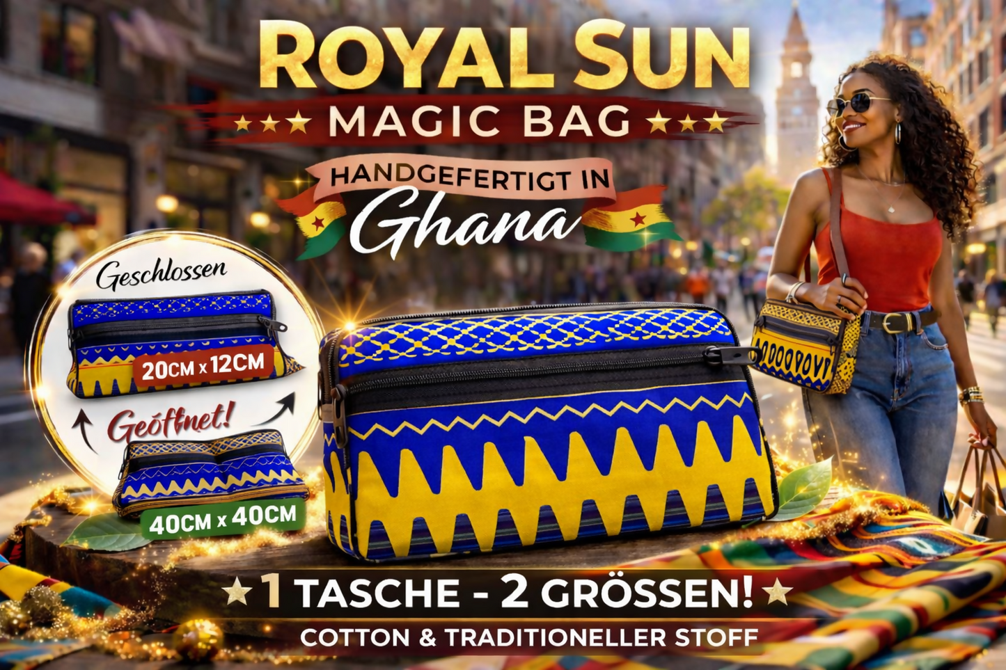 "ROYAL SUN MAGIC BAG" Verwandlungs Mini Tasche aus Cotton und traditionellem Ghana-Stoff