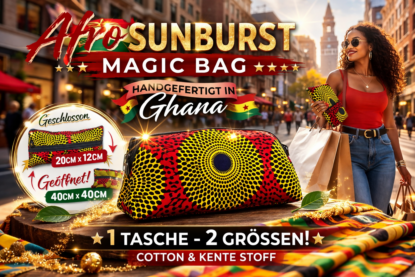 "AFRO SUNBURST MAGIC BAG" Verwandlungs Mini Tasche aus Cotton und Kente