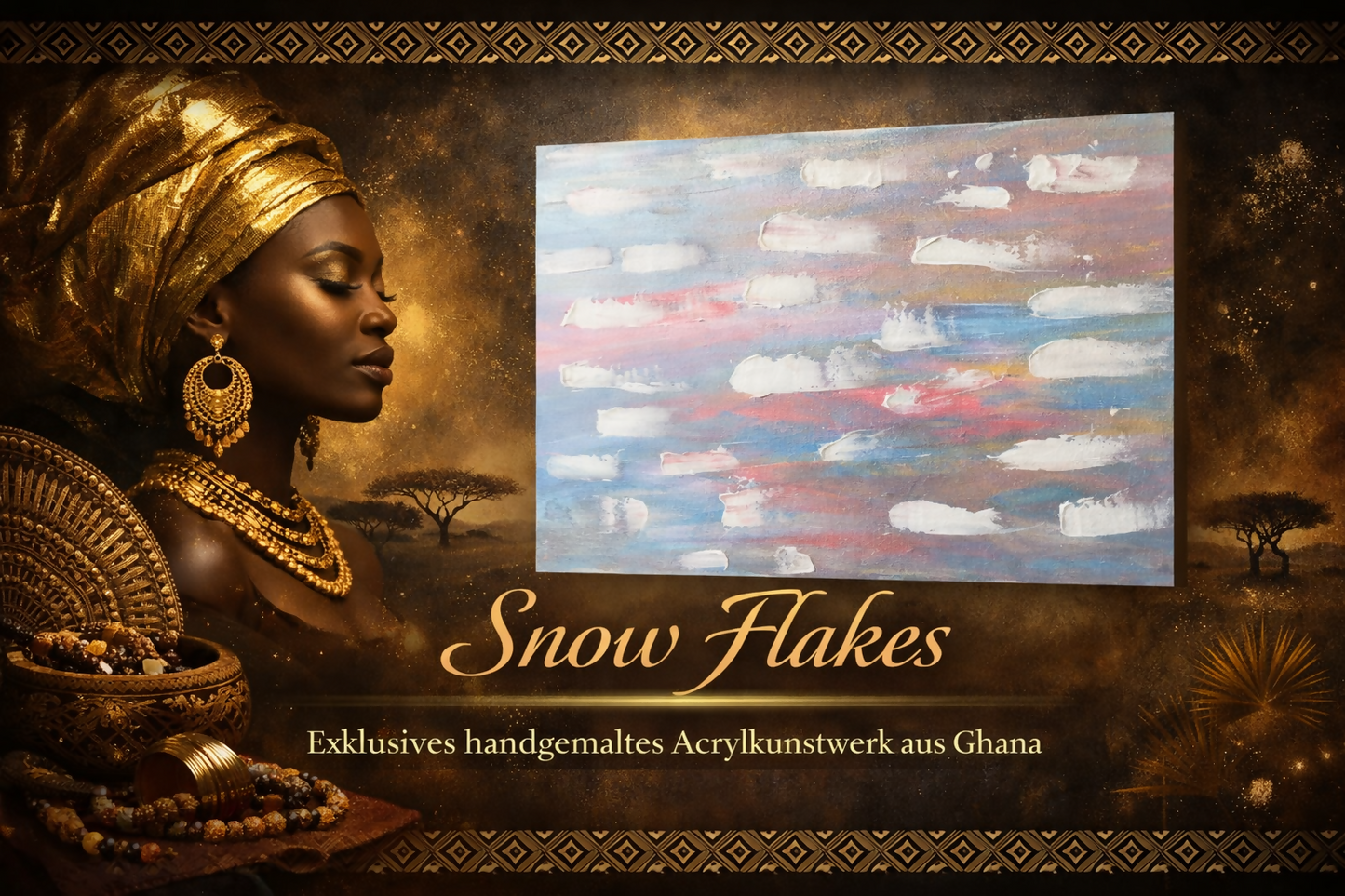 "Snow Flakes" Exklusives handgemaltes Acrylkunstwerk aus Ghana (80 × 60 cm)