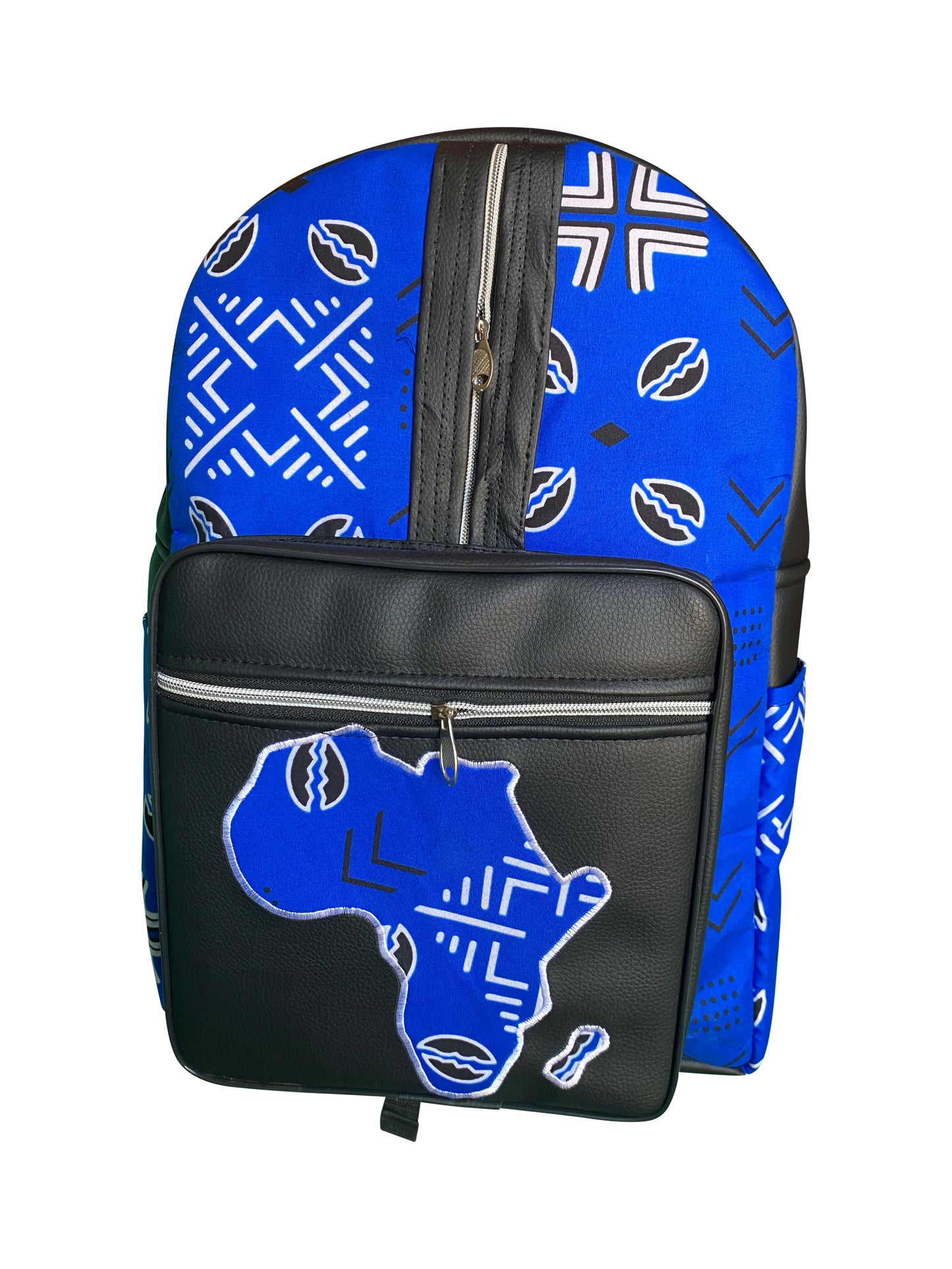 Blue & Black African Roots Rucksack Kente-Stoff & Leder aus Ghana