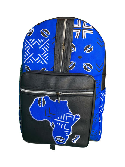 Blue & Black African Roots Rucksack Kente-Stoff & Leder aus Ghana