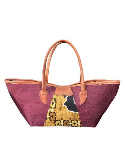 ROYAL KENTE Tote Handgefertigte Baumwolltasche aus Ghana mit Ledergriffen (40x24x13)